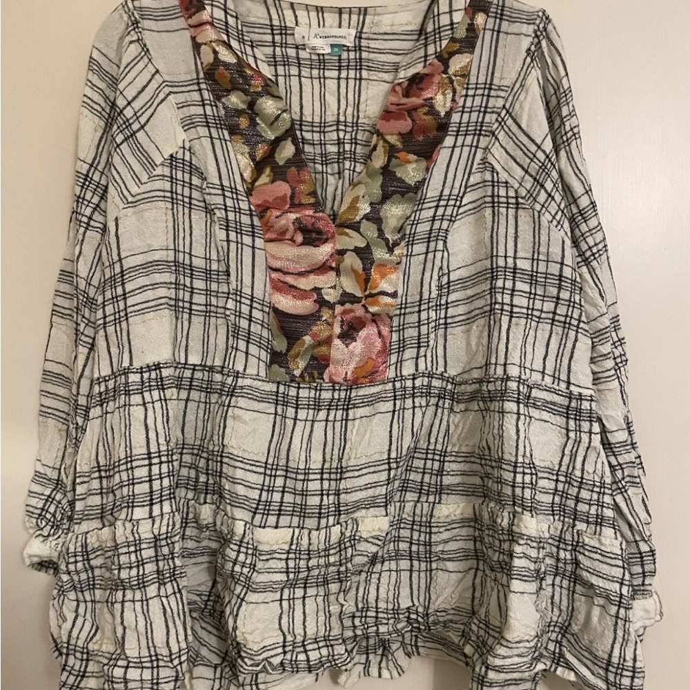 Anthropologie Plaid Blouse with Floral Shimmery Accent - Picture 2 of 4